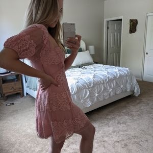 Free People Pink Mesh Dress with Puff Sleeves